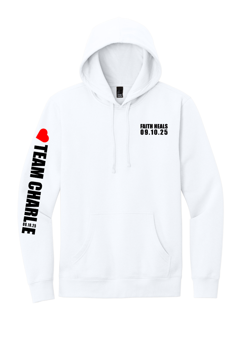 Faith Heals and Team Charlie hoodie in white
