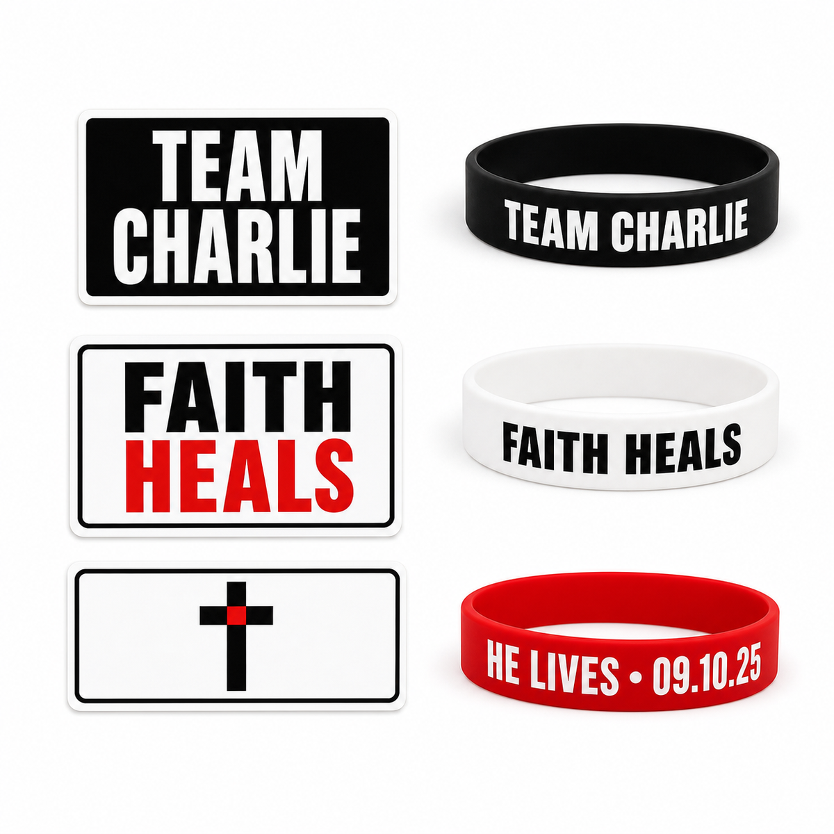 Three Charlie's Closet rectangular sticker designs with three silicone bracelets